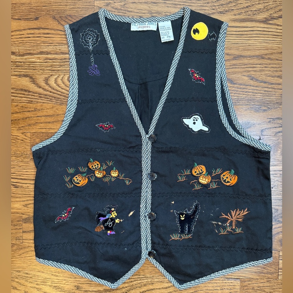 Victoria Jones Petites Vintage Pumpkin Patch Black Halloween Vest w/ Embroidery